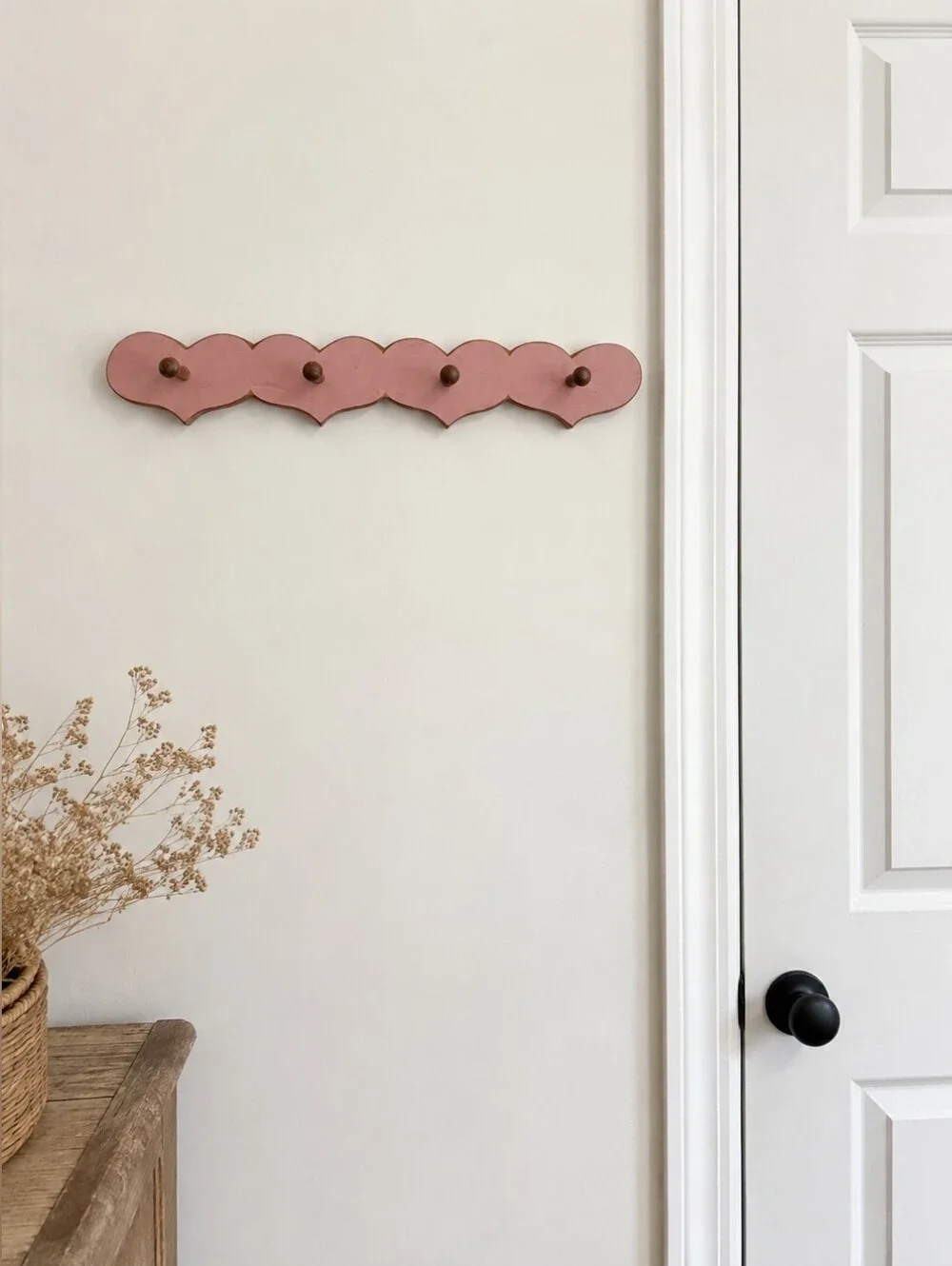 Vintage Cottagecore Scalloped Wooden Wall Coat Rack | Hand Painted Pink Peg Rack